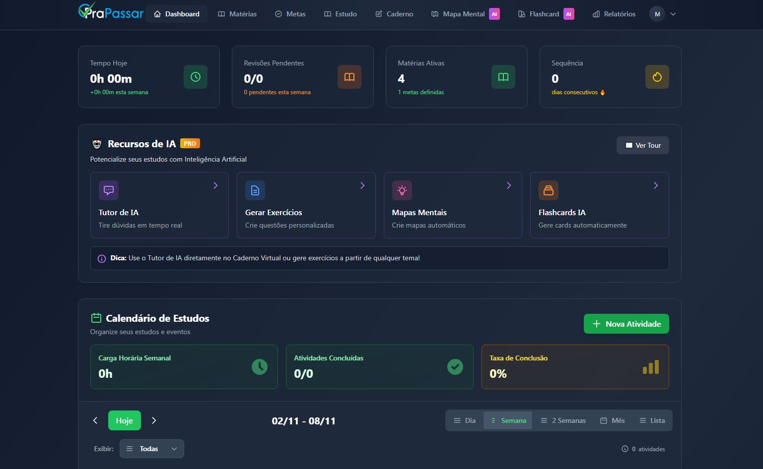 Dashboard do PraPassar - Sistema de Estudos